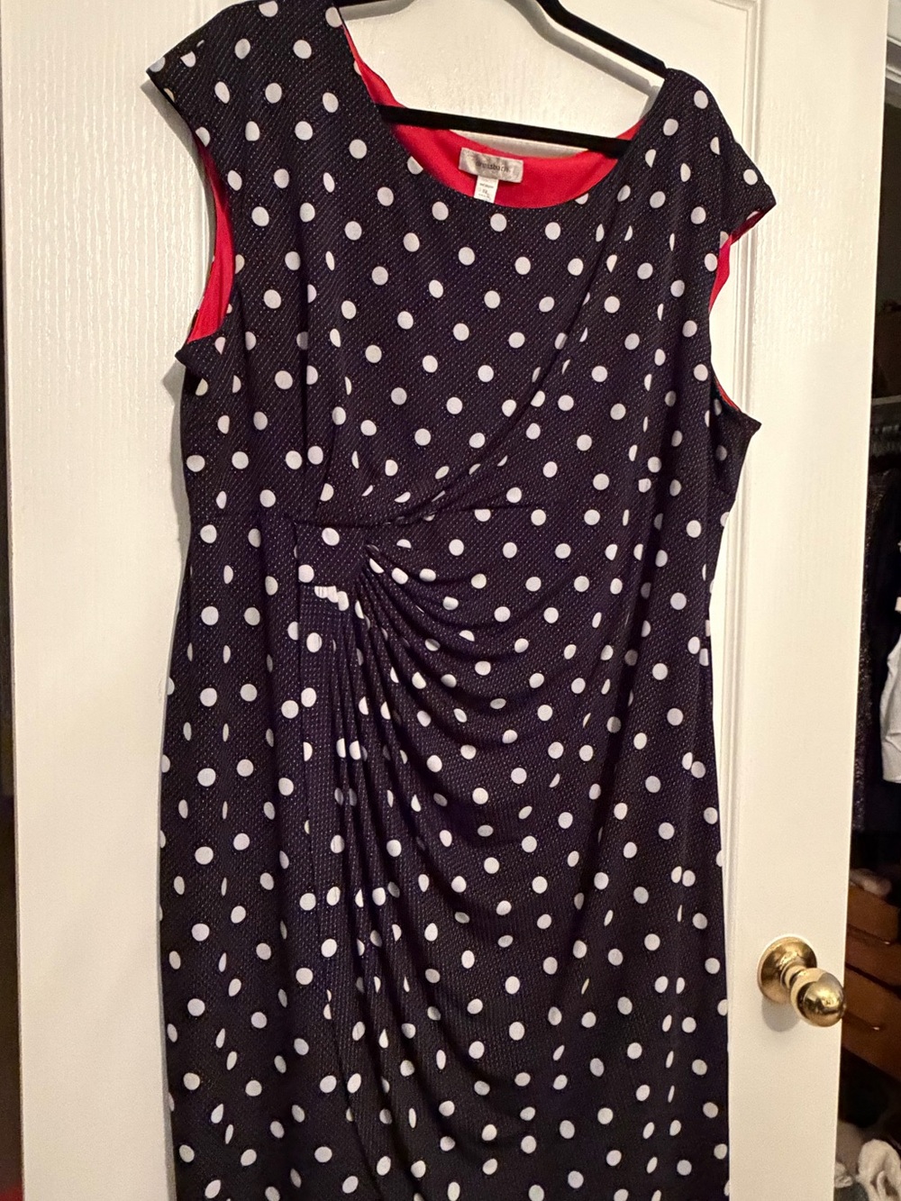 dressbarn Black and White Polka Dot Midi Dress with Side Ruching